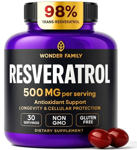 WONDER FAMILY Resveratrol Supplement 500mg – 98% Trans Resveratrol Organic Complex – NAD Resveratrol Antioxidants & Anti Aging Supplement for Heart Health, Wellness Formula, Healthy Cell Support