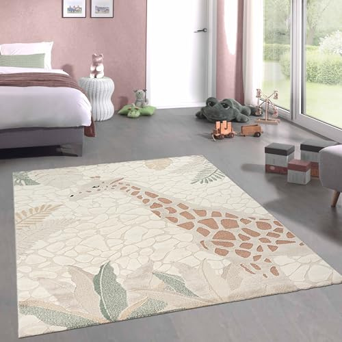 CARPETIA Alfombra Alfombra de Juego habitación Infantil mullida fácil Cuidado Resistente Jirafa Nature Crema Verde, 120 x 170 cm