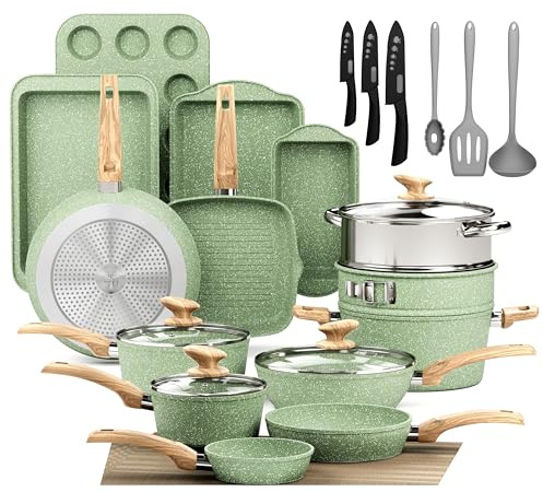 DishDelight 30pcs Bakeware and Cookware Set Pots and Pans Sets Non Stick Induction Hob Pan Set Granite Coated Cooking Saucepans Set(Green)