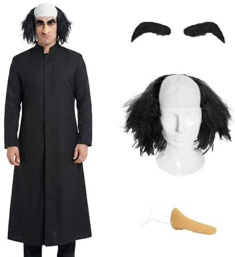 Conjunto de disfraz de villano mago gnomo para adultos, bata larga negra con peluca negra calva, nariz protésica grande y cejas tupidas, disfraz para Halloween y fiestas temáticas de dibujos animados