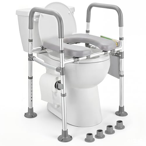 Rialzo WC per Anziani, Alzata per WC con Altezza e Larghezza Regolabili, Alza Water x Anziani con Braccioli per Anziani, Seduta Imbottita e Telaio in Alluminio, Adatto a Qualsiasi WC, Portata 150 kg