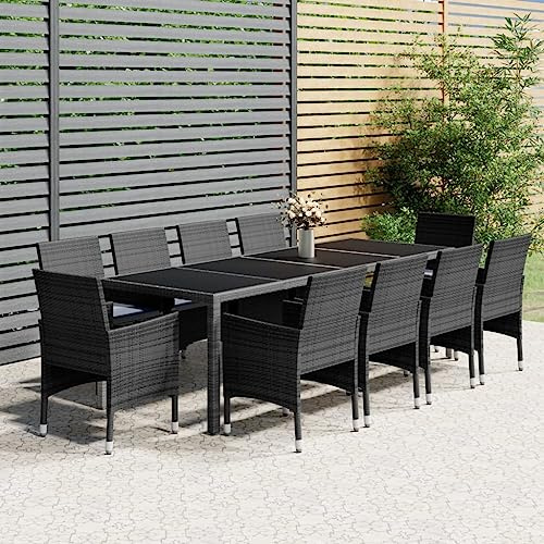 RMIHSJG 11-TLG. Gruppo da giardino in polyrattan grigio con cuscino, tavolo da pranzo per terrazza e giardino in polietilene resistente alle intemperie