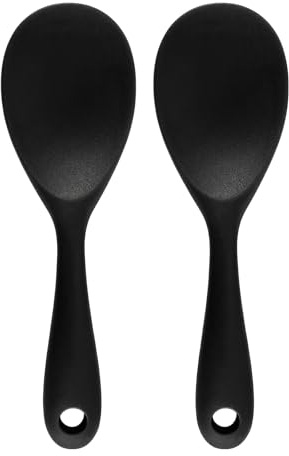 wilcractk Cucharas para servir 2 unidades de silicona negra con núcleo de acero, cucharas de arroz resistentes al calor para sartenes antiadherentes, cuchara grande para cocinar y servir para la