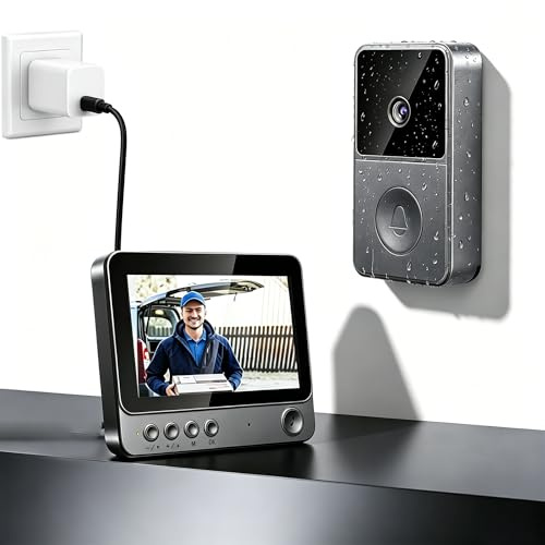 VeftBltrem Timbre con cámara y monitor, HD 1080P, IP65 Impermeable, pantalla de 4,3 pulgadas, gran angular de 170°, timbre inalámbrico con cámara, interfono, visión nocturna por infrarrojos, audio
