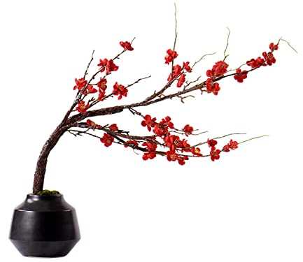 Artificial Potted Plants Artificial Bonsai Tree Red Plum Tree with Black Ceramic Pots Artificial Plant Flower