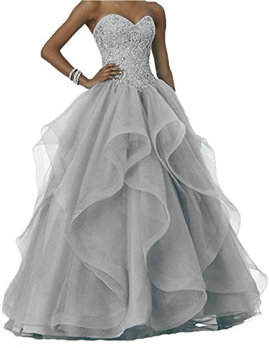 Vantexi Abito da donna lungo con perline scintillanti da ballo, abiti da sposa in organza con volant, abiti da ballo di fine anno scolastico, abiti da cerimonia, argento, 40