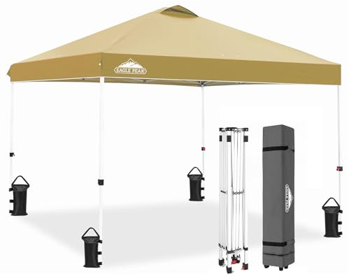 EAGLE PEAK Tonnelle de Jardin Pliable 3x3m Pop-up Gazebo Tente Pliante Pavillon，avec Sac de Transportable à Roulette pour Camping, Plage, Jardin, Beige
