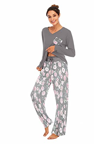 Famulily Ensemble pyjama d’hiver pour femmes, en coton, long, avec motifs imprimés, col en V, à manches longues, deux pièces avec poches, gris foncé, XL