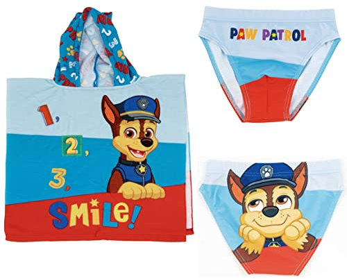 Bañador Patrulla Canina Tipo Slip para niños + Poncho Paw Patrol Toalla de Playa o Piscina | Pack Bañador y Poncho Paw Patrol | Bañador + Poncho con Capucha de Chase, Marshall y Rubble (6 años, Azul)