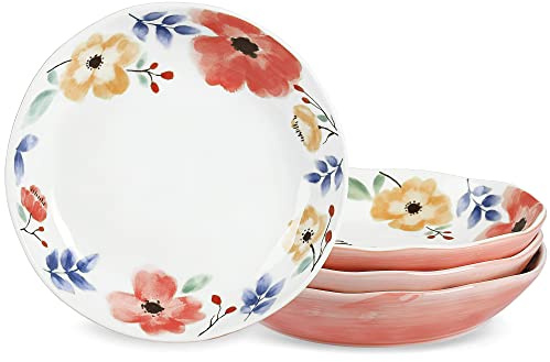 fanquare 20 cm salladstallrikar i porslin set med 4, rosa blommiga pastatallrikar, bondgård keramiska porslinsfat, stor desserttallrik