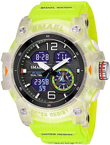 Gosasa Orologio sportivo da uomo, multifunzione, stile militare, con funzione S-Shock, digitale, a LED, impermeabile, con allarme, 8007_traslucido e verde, Sport