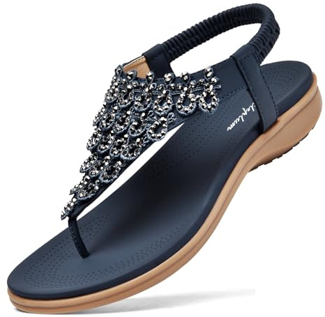 Littleplum Womens Sandals Arch Support Slingback Rhinestone Dressy Sandals Comfort Summer Shoes Ankle Strap Elastic Flats for Beach Walking Chic Blue Size 8.5