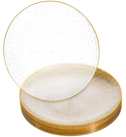 STACKABLES 20 Pack - 7inch Glittered Gold Hammered Plastic Plates with Gold Rim - DIY Wedding Plates - Reusable Lightweight Party Platets