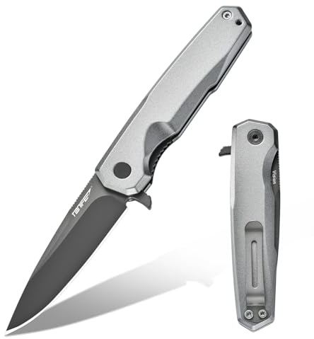 TONIFE Visión Cuchillo Plegable al Aire Libre con Hoja de 8Cr14MoV y Mango de Aluminio Cuchillo de Supervivencia con Clip de Bolsillo para Camping Bushcraft (Gris - Gris Titanio)