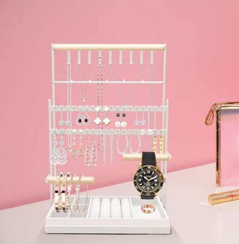 Huifengjie Présentoir à bijoux, Support Bijoux Femme,Livré avec plateau en velours et crochets, Support Bijoux en Métal pour Ranger Boucles D'oreilles, Colliers, Bracelets, Montres et Bagues, Blanc
