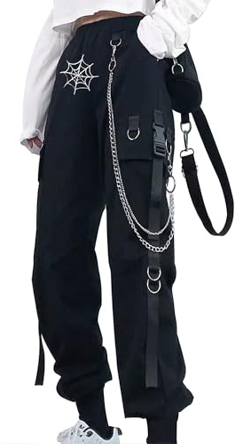 YINGWIN Cargobyxor dam med byxkedja gotiska kläder dam goth punk Y2k techwear byxor, Spindelnät, L