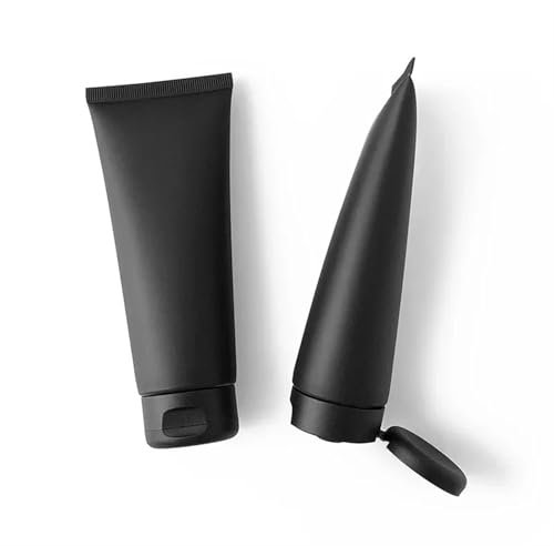 AMEEDA Squeeze Flaska, 10–100 stycken, tom, 100 ml, mattsvart, mjukt tub, klämflaska av plast, ansiktsrengöring, kroppskräm, kosmetisk behållare, fällbart lock (svart mössa 1, 10 st)