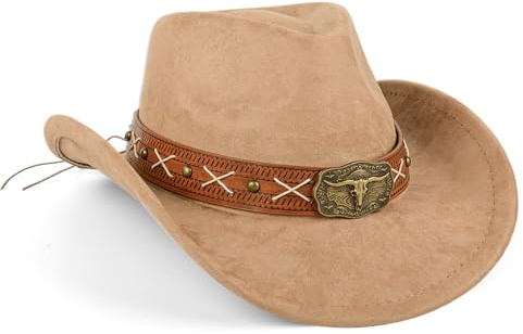 Cowboy Hat for Women and Men Cowboy Hat with Metal Bull Head and Suede Look Breathable Polyester Cowboy Hats for Men and Women Perfect for Cowboy Outfit Outdoor Activities Brown