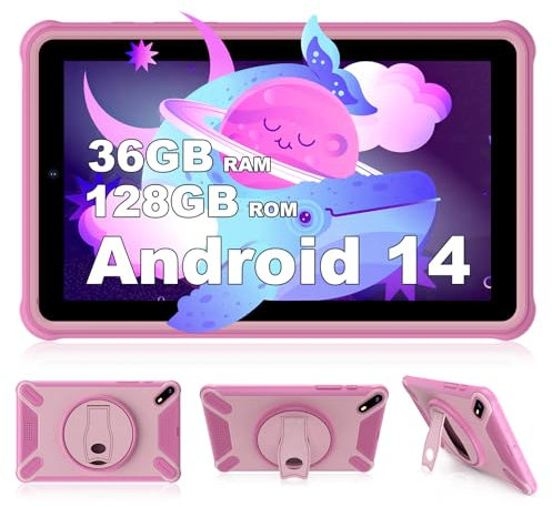 FASTWD Tablet niños 7 Pulgadas Android 14 Tablet Familiar 36GB RAM 128GB ROM (SD Expandible),Control Parental,HD IPS Display,6500mAh,5MP+2MP,WiFi,BT 5.0,Rosa