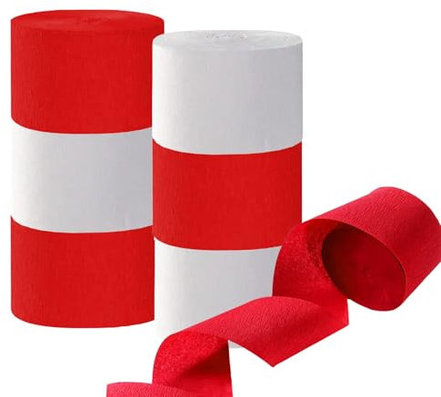 Krepppapier 6 Rollen 150 m, Kreppband Satz von Rot, weiß, Creppapier, Krepp Papier für Partydekorationen, Geburtstagsdekorationen, Hochzeitsdeko (4,5 cm x 25 m/Rolle)