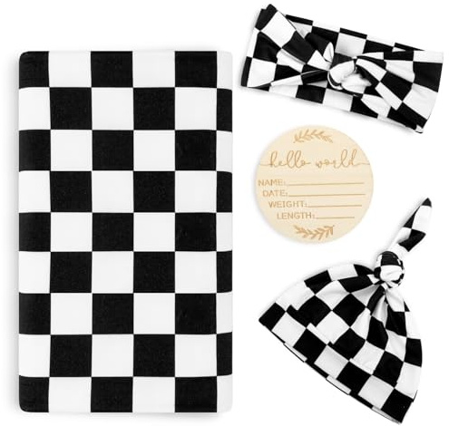 TANOFAR 4-Pack Newborn Swaddle Blanket for Baby Girls & Boys, Ultra Soft Receiving Blankets with Matching Headband and Beanie Set Baby Nursery Swaddle Wrap, Black Checkerboard