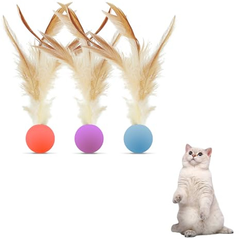 Andiker Juego de 3 bolas para gatos con pluma, coloridas bolas de plumas de gato con buen elástico para el ejercicio de persecución de masticar, juguete interactivo para gatos de interior (S)