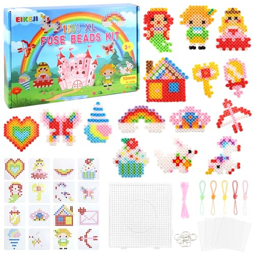 EIKEJI Juego de perlas grandes de 10 mm, 1500 unidades de perlas XL con placas, 16 colores de colores, 16 patrones y papel para planchar, perlas de planchar XL, juego de perlas creativas para niños a
