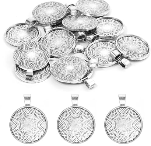 QfwdfcTrenz 25 Stück Anhänger Tabletts Kit Cabochon Rohlinge Rund Anhänger Lünette Runde Lünette Rohlinge Tabletts für DIY Handwerk Foto Schmuck Machen Halskette Schlüsselbund Medaillons 25 mm