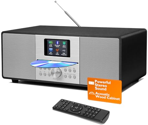 MangoKit MS4+ CD Player DAB Radio HiFi System I Bluetooth I Stereoanlage Kompaktanlage I Akustisches Holzgehäuse I CD Player mit Lautsprechern I 40 Presets,Kopfhöreranschluss I Metallisch Schwarz