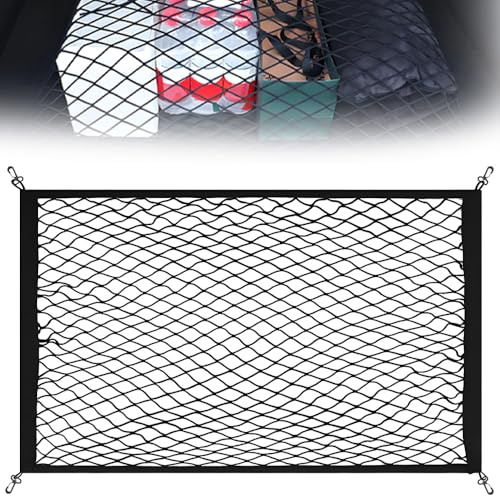 LINISITING Cargo Net 80x60cm, Car Boot Net Luggage Net, Elastic Nylon Baggage Fixed Net for Car Boot, Trunk, Vehicle, Van, SUV - 4 Hooks Storage Organizer (Black)