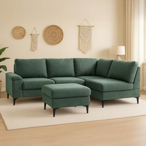 CONCEPT USINE | Divano ad angolo 4/5 posti Colchester Verde | Tessuto ciniglia strutturato | Pouf indipendente modulabile | Comfort avvolgente | Seduta con molle insacchettate | Design contemporaneo