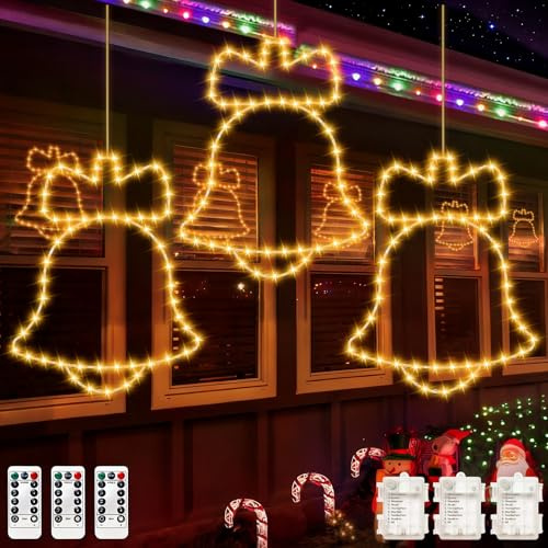 3 Pcs Cortina Luces Navidad, 55LED Luces de Navidad Campana Exterior a Pilas con Temporizador, 8 Modos Luces de Cortina Luz Ventana Decoracion Navideñas para Interior habitacion Balcón Boda