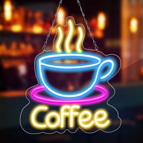 Coffee Neon Sign, Café/Hoja Luminosa LED Café Placa Neón con Interruptor Ajustable Cadena Colgante Función USB Para Bar Salón Decoración
