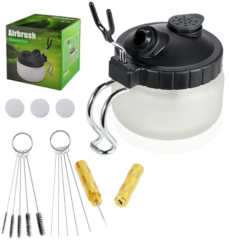 Airbrush Cleaning Kit AILHOMEWELL Airbrush Clean Pot Glass Cleaning Jar with Holder 5pc Cleaning Needles/5pc Cleaning Brushes/1 Wash Needle/3 Extra Filters (15in1 airbrush cleaning kit)