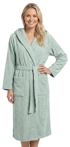 LAYNENBURG Peignoir de bain pour femme en tissu éponge 100 % coton certifié Öko-Tex - Peignoir doux avec capuche, ceinture et poches plaquées - Idéal pour le sauna et la maison (S-XXXL)