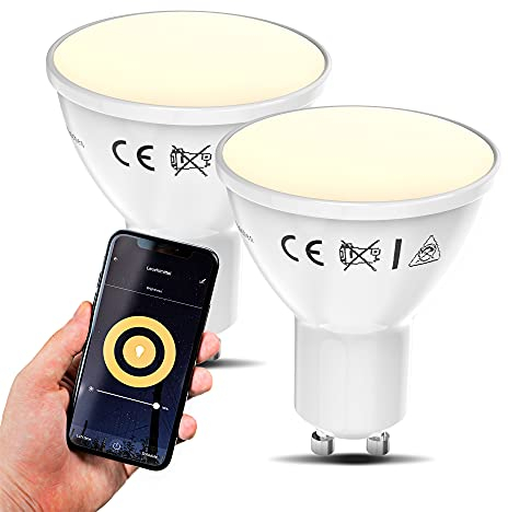 B.K.Licht - 2er Set Smart Home LED Lampe GU10 smart via App- und Sprachsteuerung, warmweiße Lichtfarbe, 5,5 Watt, 350 Lumen, LED Glühbirne, Leuchtmittel, Birne, Glühlampen, 5x5,6 cm, Weiß
