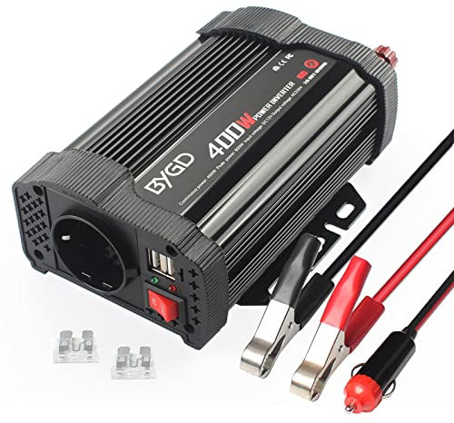 BYGD Inversor de Corriente 400W/800W 12V DC a 220V 230V AC con Adaptador de Coche y Cargador USB Dual 3.1A para Phone, Tableta, Cámping