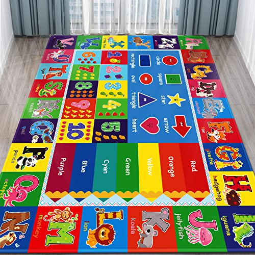 Feesiluu Baby Play Mat, Super Soft Playmat Baby Crawling Mat Foldable Non-Slip Floor Mat for Toddlers, Thick Baby Play Floor Mat with Colorful Alphabets and Animals, 200x 150cm (B-L), KPM018BL