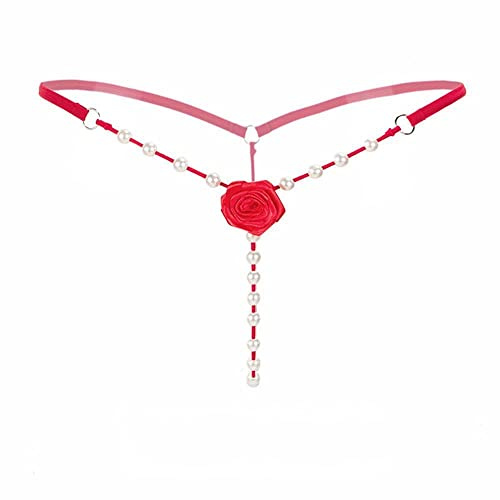 String en T pour femme avec perles et perles - Motif fleurs roses - Sous-vêtements sexy, Rouge, XL