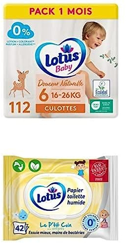 Lotus Baby Douceur Naturelle - Culottes Taille 6 (16-26 kg - Pack 1 mois - 112 culottes) + Lotus Papier Toilette Humide Le P'tit Coin - Pour les enfants - (42 unités -Lot de 1)
