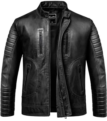 Amaci&Sons Herren Echtleder Jacke Biker Zipper Lederjacke 9105 Schwarz XL