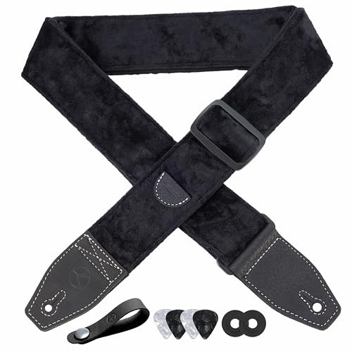 YIKOKO Guitar Strap 2 inch Velvet Guitar Straps with Full Grain Leather End, for Bass Electric and Acoustic Guitars, Free Strap Button, 2 Strap Locks and 4 Guitar Picks
