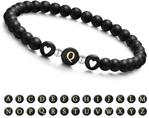 XUANPAI armband kvinnor med bokstäver och hjärta – partnerarmband vänskapsarmband med 6 mm natursten pärlor personliga presenter armband par flickor bff systerhjärta mor och dotter