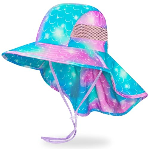 MHJY Kids Sun Hat Girls UV Protection Summer Hats Adjustable Beach Cap Unicorn Bucket Hats with Wide Brim Neck Flap for Toddlers 2-9 Years