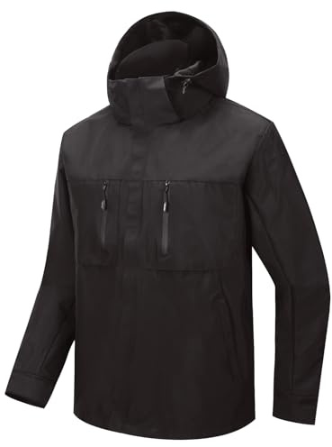 LY4U Chaquetas Ligeras para Exteriores para Hombre, Chaqueta de Montaña con Capucha Cortavientos, Chaqueta Impermeable y Transpirable para Acampar, Pescar, Ciclismo, Negro M
