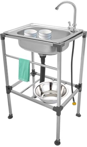 ACROSSPART Edelstahl Spültisch, Freistehende Spülbecken, Kommerzielle Edelstahlspüle mit Wasserhahn, Multifunktions Waschtisch
