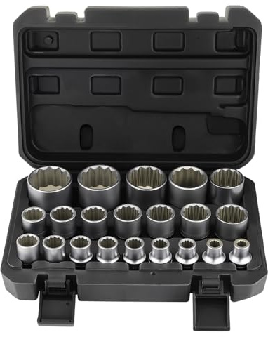 Gueenky 21 Piezas Llaves de Vaso Torx Hembra 8-36 mm, 1/2 Llaves de Vaso Puntas Multidientes con Perfiles de 12 y 6 Puntas, Caja de Herramientas Negra