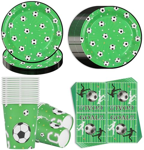 Alaoo Stoviglie per Feste di Calcio, Set di Stoviglie da 60 Pezzi, Piatto di Compleanno Usa e Getta a Tema Football, Adatto per Feste di Compleanno per Bambini o Feste a Tema