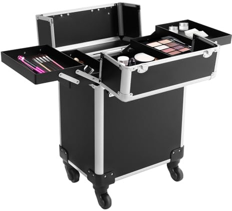 Maleta de maquillaje profesional, maletín cosmético, aleación de aluminio, móvil, con 2 cajones, 4 ruedas de 360°, asa telescópica, 34 x 24 x 56 cm, viaje manicura maquillaje peluquería
