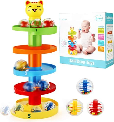 Muslecid 5 Etagen Ball Drop Spielzeug ab 9 Monaten, 2-Stufiger Kugelturm mit 2 Bällen, Pädagogisches Ursache-Wirkungs-Spielzeug für Baby, Sicher & Interaktiv für Kinderzimmer und Kindergarten (Katze)